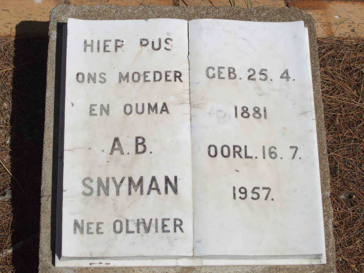 SNYMAN A.B. nee OLIVIER 1881-1957