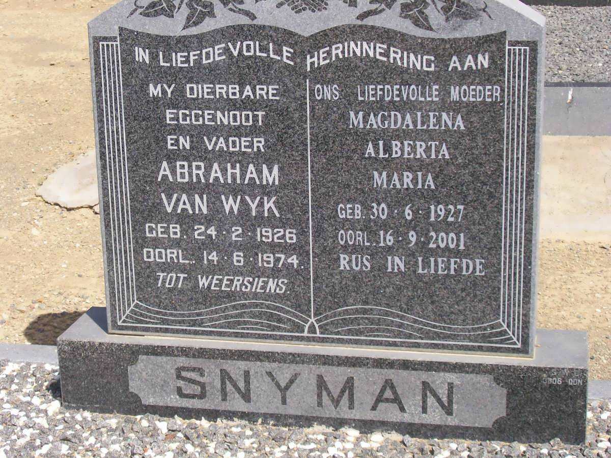 SNYMAN Abraham Van Wyk 1926-1974 &amp; Magdalena Alberta Maria 1927-2001