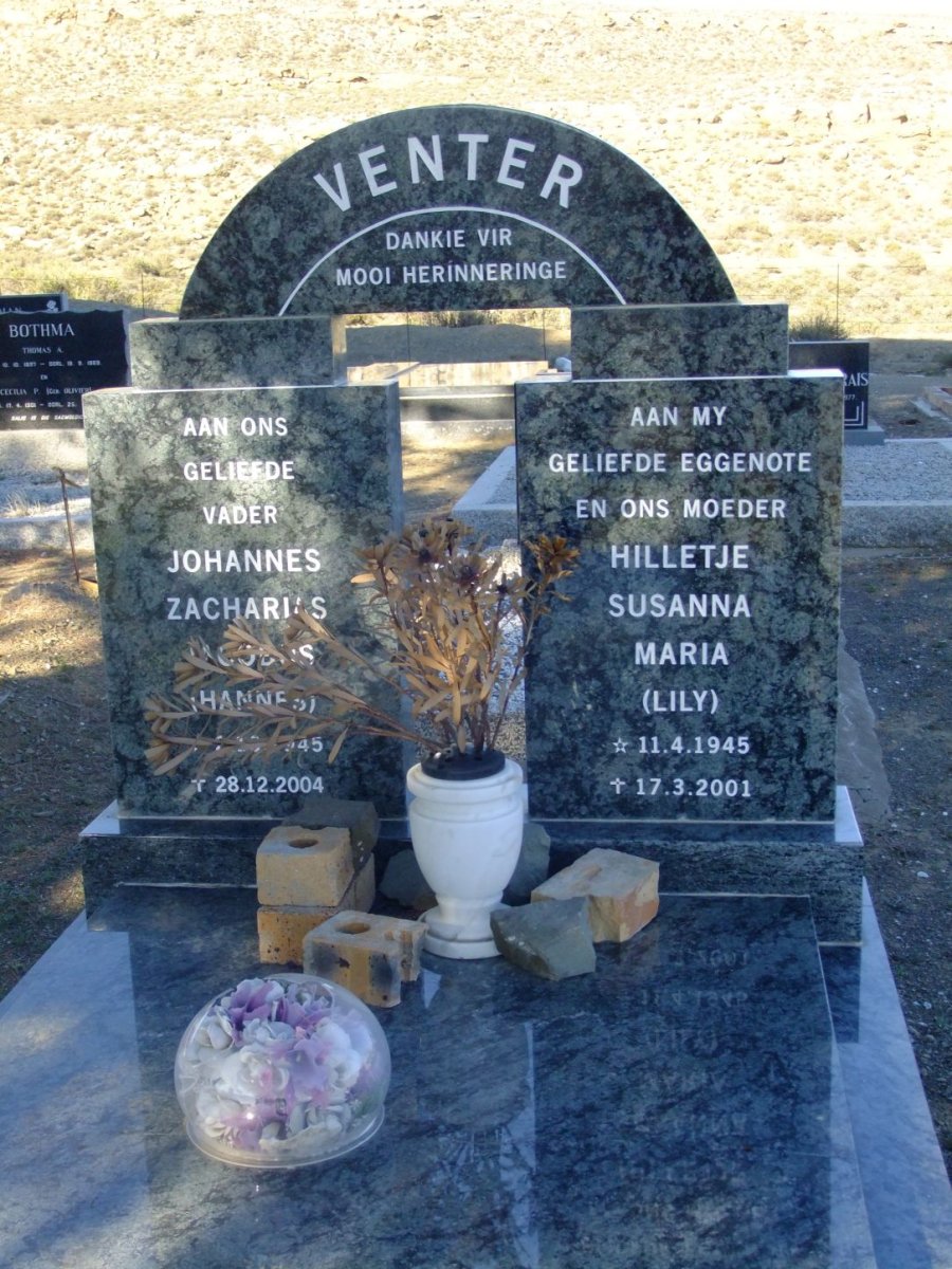 VENTER Johannes Zacharias Jacobus 1945-2004 &amp; Hilletjie Susanna Maria 1945-2001