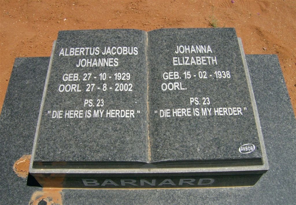 BARNARD Albertus Jacobus Johannes 1929-2002 &amp; Johanna Elizabeth 1938-