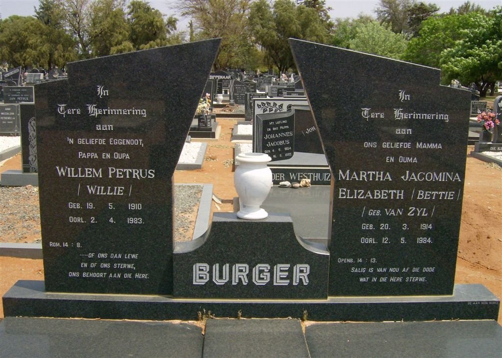 BURGER Willem Petrus 1910-1983 &amp; Martha Jacomina Elizabeth VAN ZYL 1914-1984