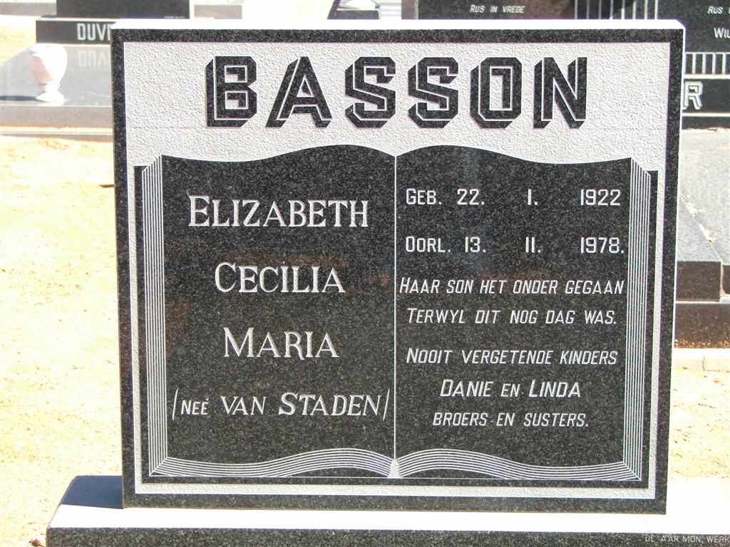 BASSON Elizabeth Cecilia Maria nee VAN STADEN 1922-1978