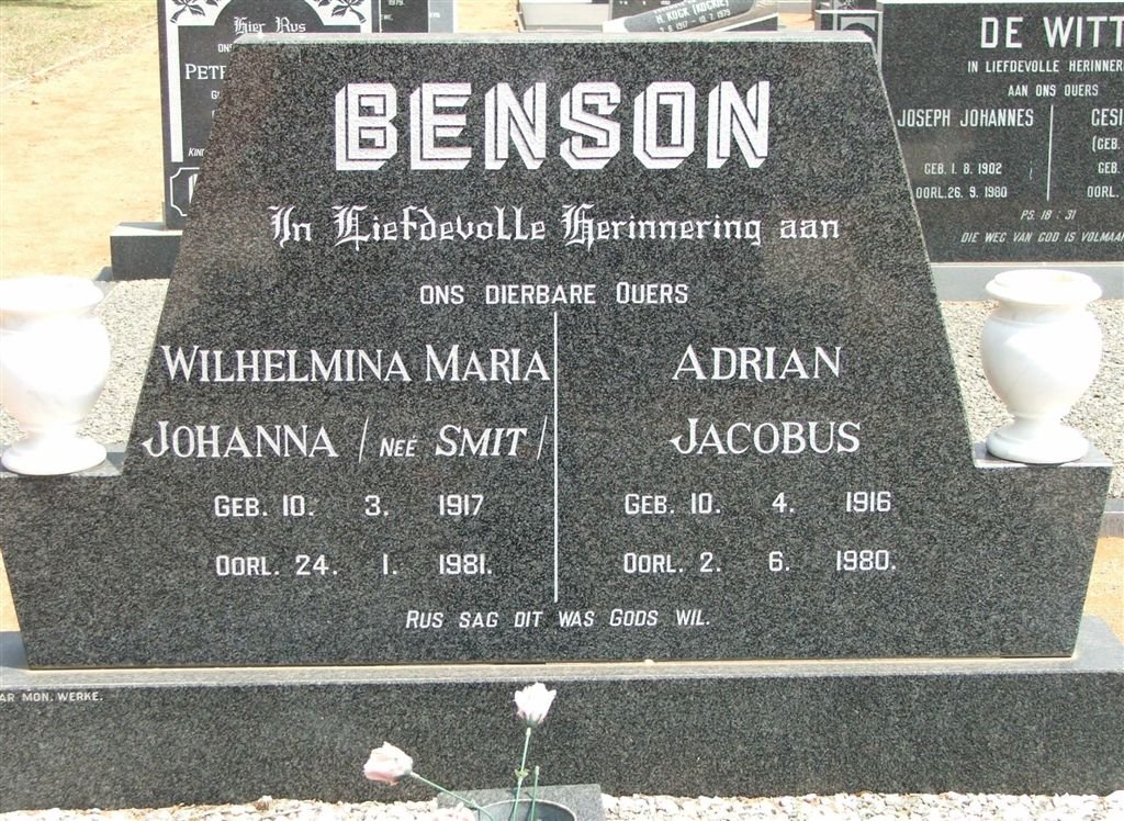 BENSON Adrian Jacobus 1916-1980 &amp; Wilhelmina Maria Johanna SMIT 1917-1981