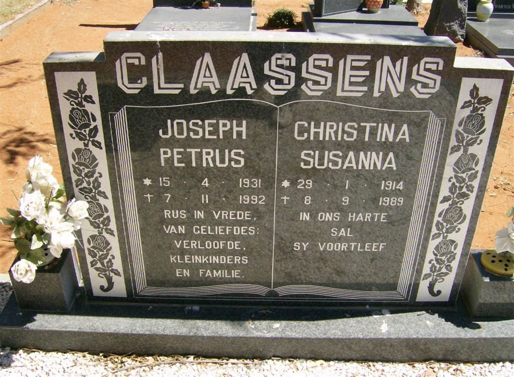 CLAASSENS Joseph Petrus 1931-1992 &amp; Christina Susanna 1914-1989