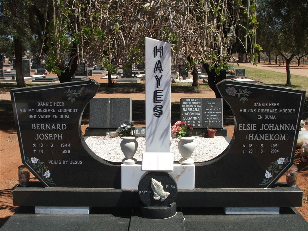 HAYES Bernard Joseph 1944-1998 &amp; Elsie Johanna HANEKOM 1951-2004