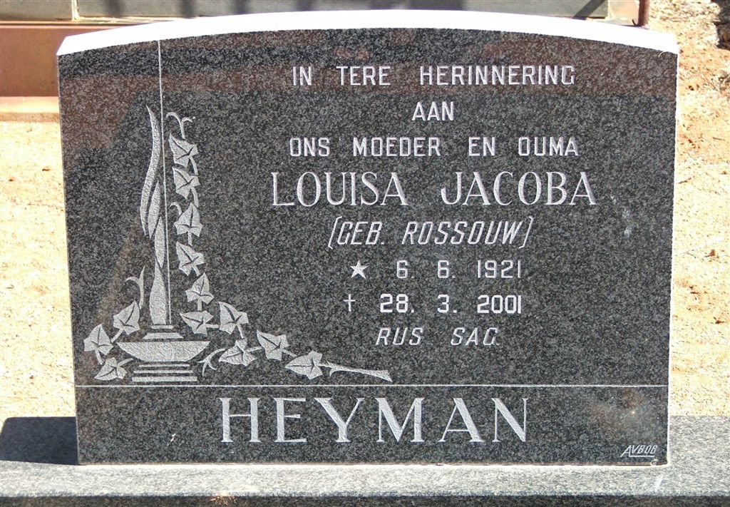 HEYMAN Louisa Jacoba nee ROSSOUW 1921-2001