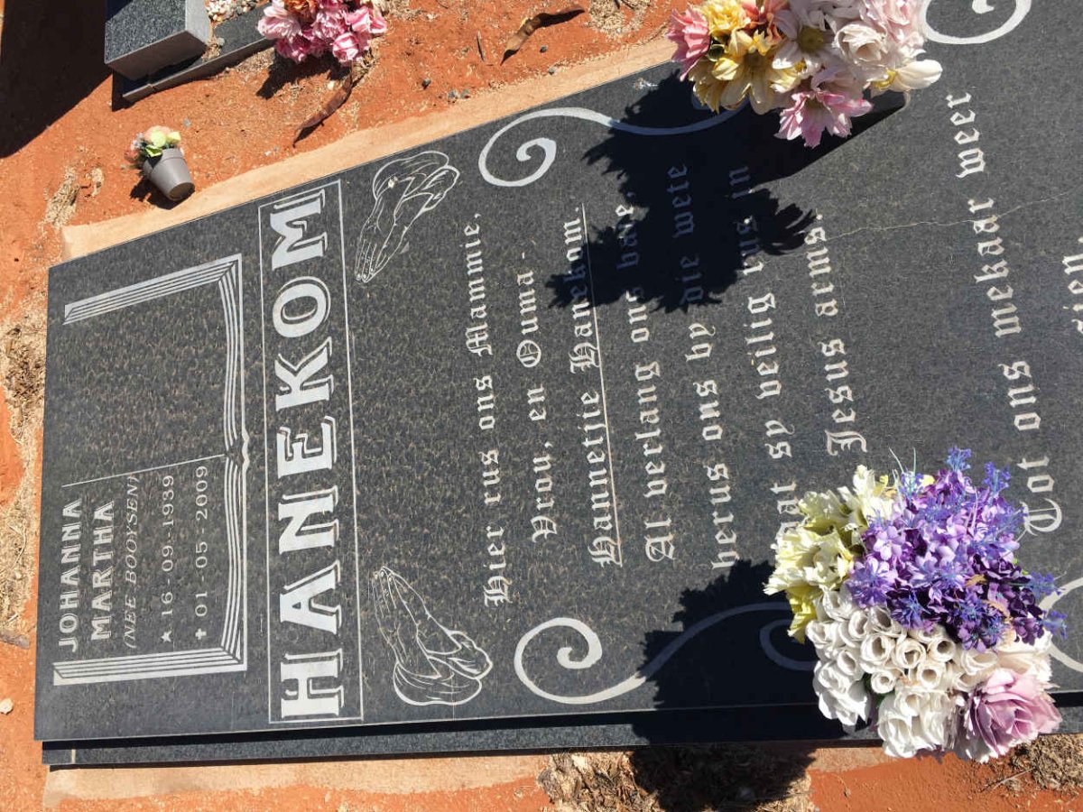 HANEKOM Johanna Martha nee BOOYSEN 1939-2009