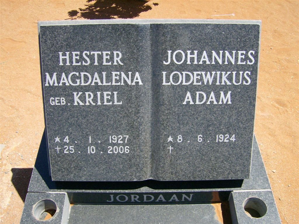 JORDAAN Johannes Lodewikus Adam 1924-  &amp; Hester Magdalena KRIEL 1927-2006