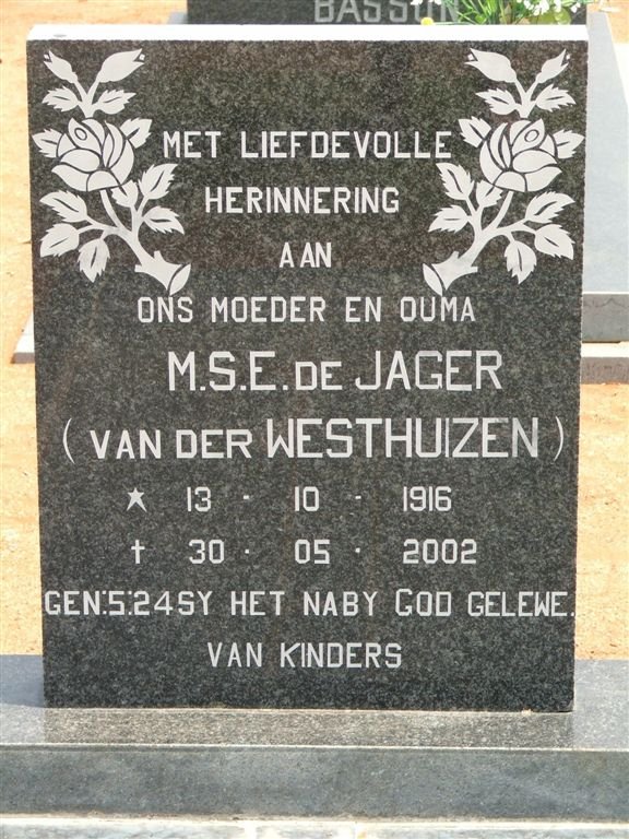JAGER M.S.E., de nee VAN DER WESTHUIZEN 1916-2002
