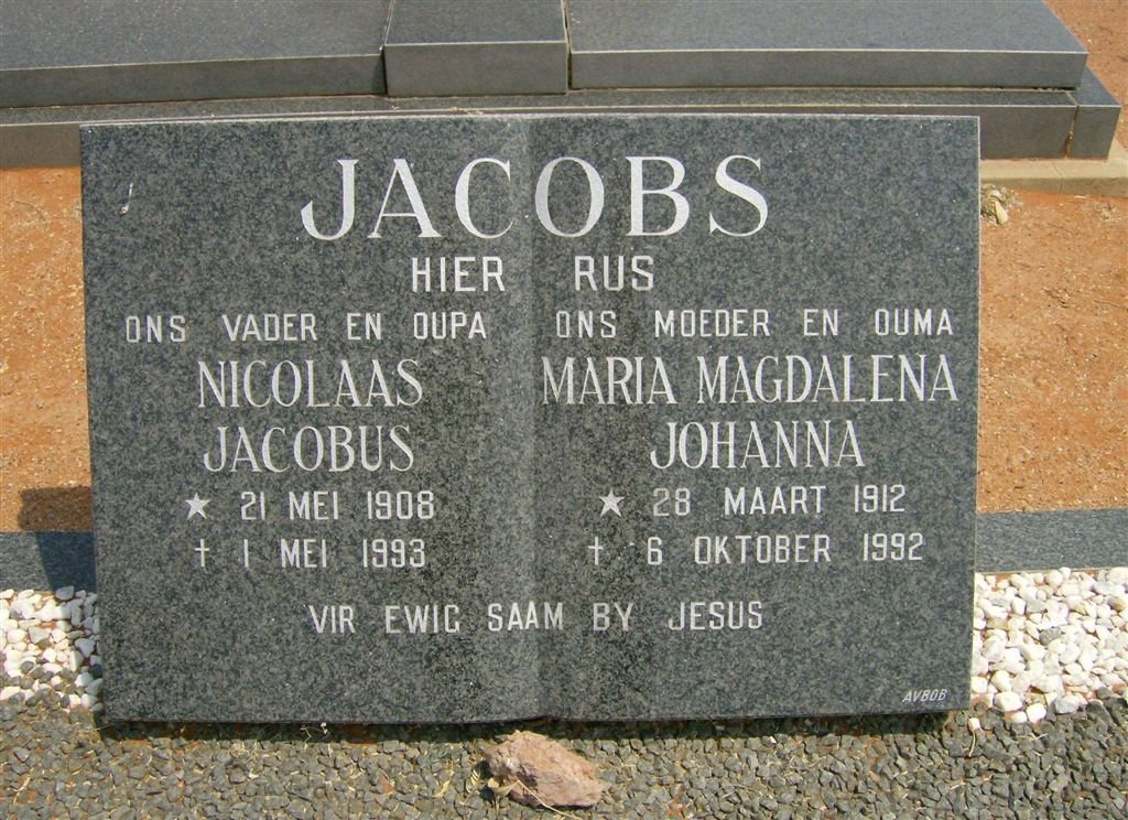 JACOBS Nicolaas Jacobus 1908-1993 &amp; Maria Magdalena Johanna 1912-1992