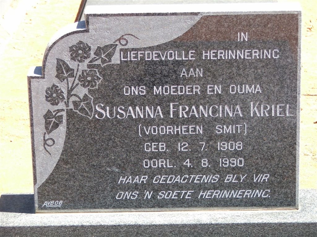 KRIEL Susanna Francina nee SMIT 1908-1990