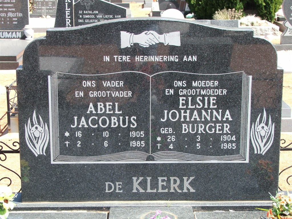 KLERK Abel Jacobus, de 1905-1985 &amp; Elsie Johanna BURGER 1904-1985
