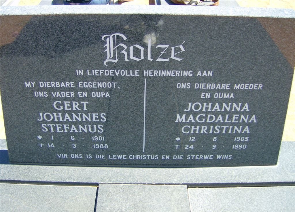 KOTZÉ Gert Johannes Stefanus 1901-1988 &amp; Johanna Magdalena Christina 1905-1990
