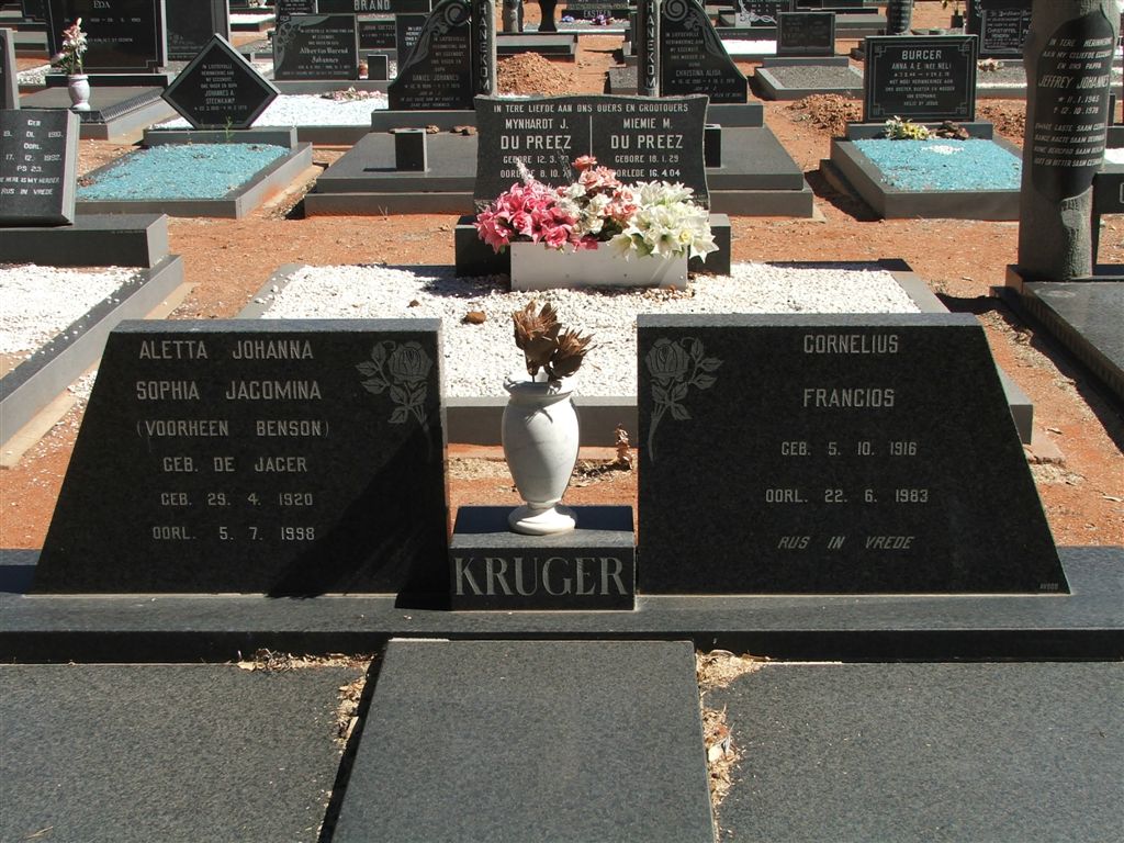 KRUGER Cornelius Francios 1916-1983 &amp; Aletta Johanna Sophia Jacomina DE JAGER nee BENSON 1920-1998