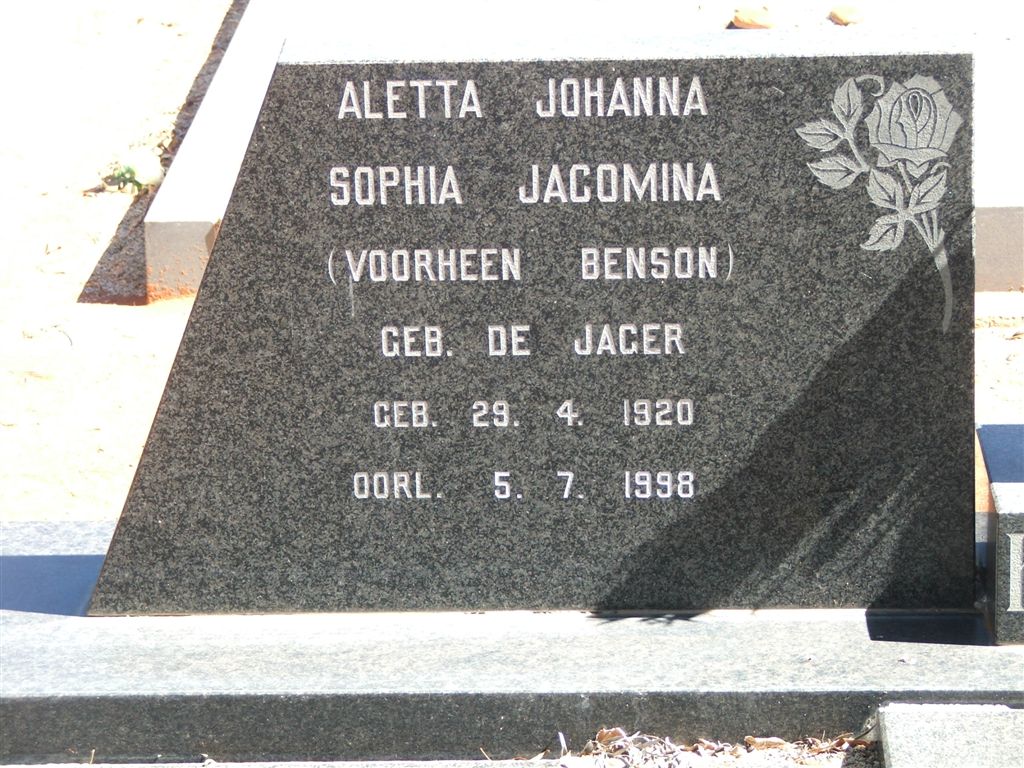 KRUGER Aletta Johanna Sophia Jacomina formerly BENSON nee DE JAGER 1920-1998