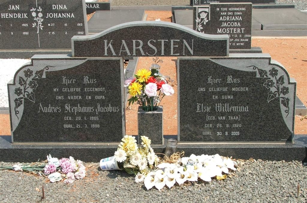 KARSTEN Andries Stephanus Jacobus 1905-1988 &amp; Elsie Wilhelmina VAN TAAK 1920-2005