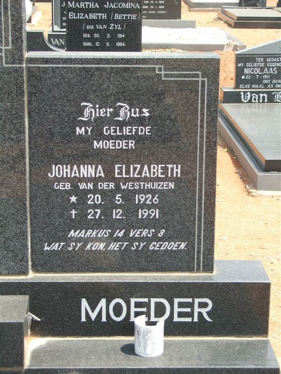 KÜHN Johanna Elizabeth nee VAN DER WESTHUIZEN 1926-1991