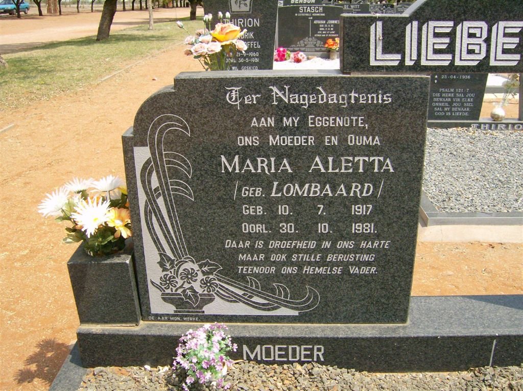 LIEBENBERG Maria Aletta nee LOMBAARD 1917-1981