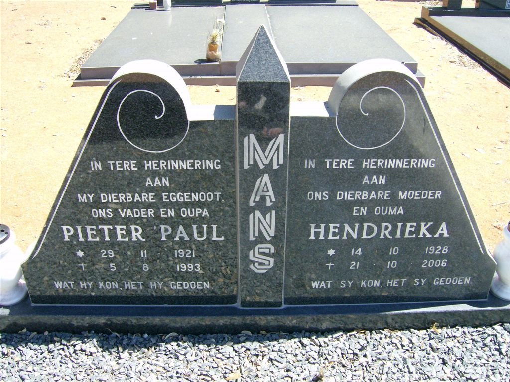 MANS Pieter Paul 1921-1993 &amp; Hendrieka 1928-2006