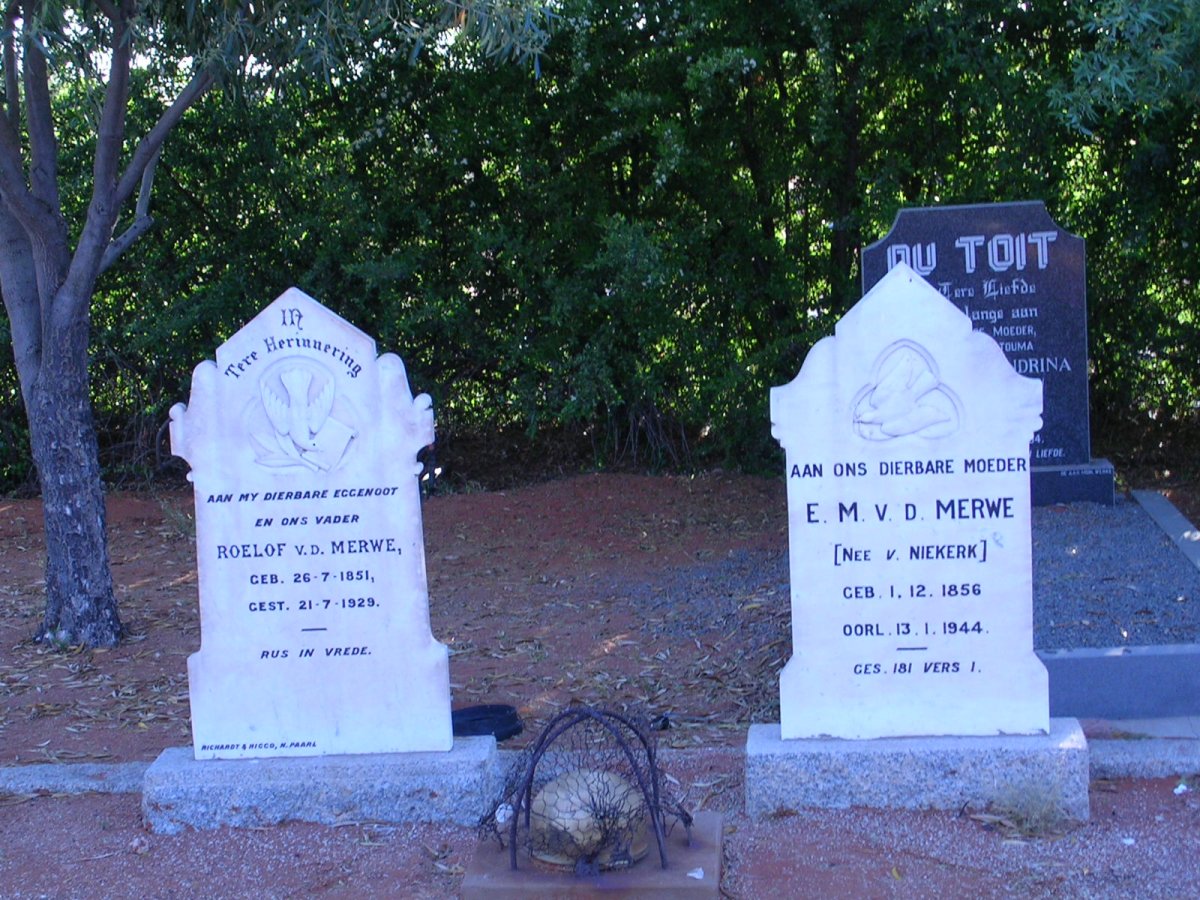 MERWE Roelof, v.d. 1851-1929 &amp; E.M. VAN NIEKERK 1856-1944