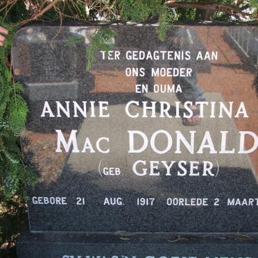 MACDONALD Annie Christina M. nee GEYSER 1917-1997