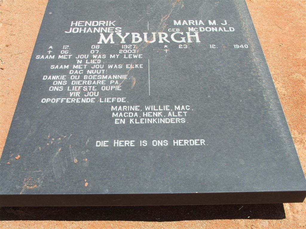 MYBURGH Hendrik Johannes 1927-2003 &amp; Maria M.J. MCDONALD 1940-