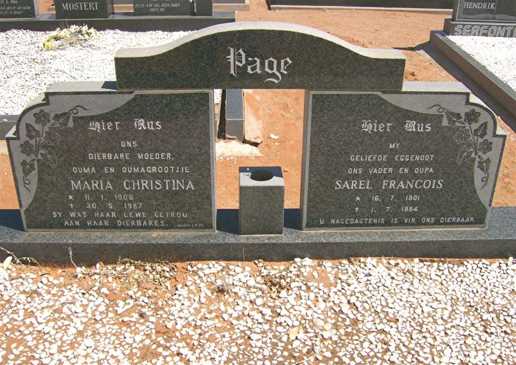 PAGE Sarel Francois 1901-1984 &amp; Maria Christina 1908-1987