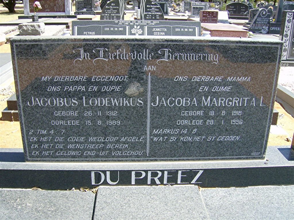 PREEZ Jacobus Lodewikus, du 1912-1989 &amp; Jacoba Margrita L. 1918-1996