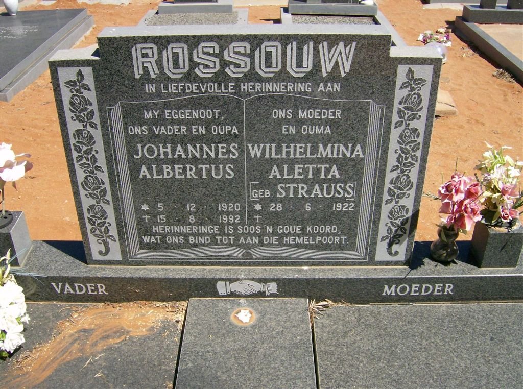 ROSSOUW Johannes Albertus 1920-1992 &amp; Wilhelmina Aletta STRAUSS 1922-