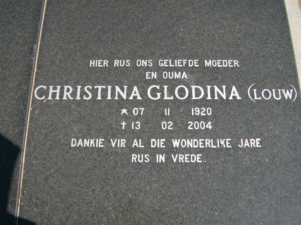 RADEMEYER Christina Glodina nee LOUW 1920-2004