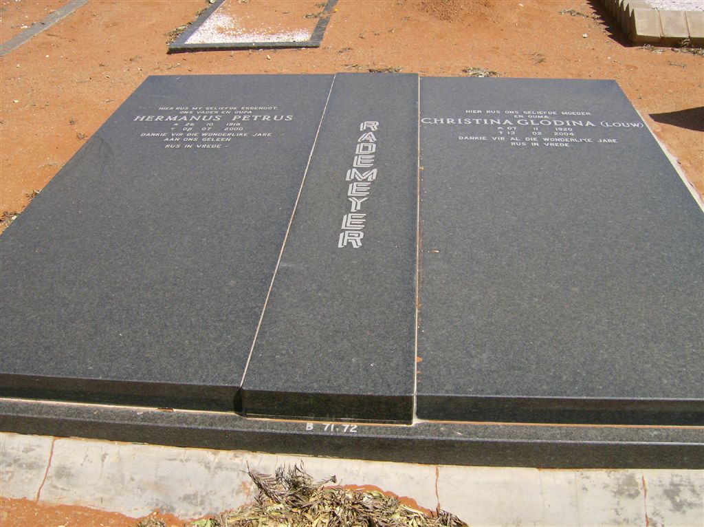 RADEMEYER Hermanus Petrus 1918-2000 &amp; Christina Glodina LOUW 1920-2004