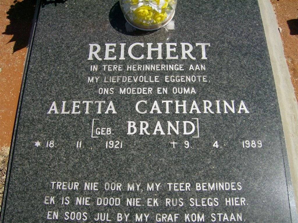 REICHERT Aletta Catharina nee BRAND 1921-1989