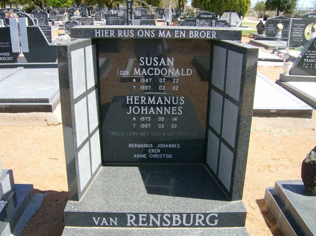 RENSBURG Susan, van nee MACDONALD 1947-1997 :: VAN RENSBURG Hermanus Johannes 1975-1997