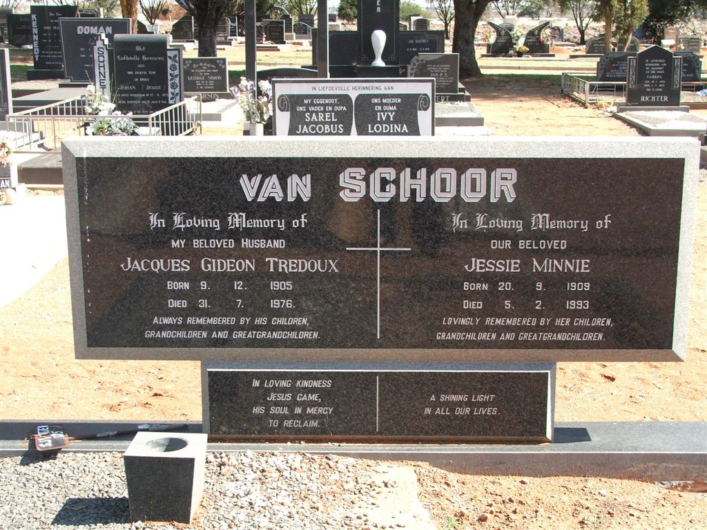SCHOOR Jacques Gideon Tredoux 1905-1976 &amp; Jessie MINNIE 1909-1993