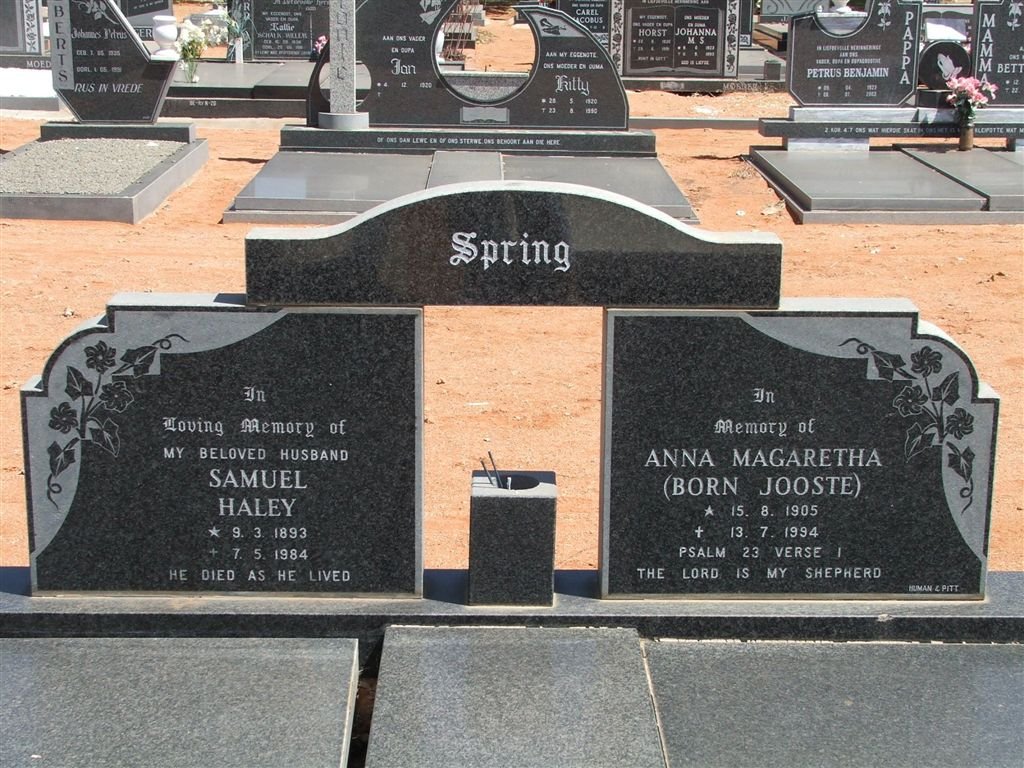 SPRING Samuel Haley 1893-1984 &amp; Anna Magaretha JOOSTE 1905-1994