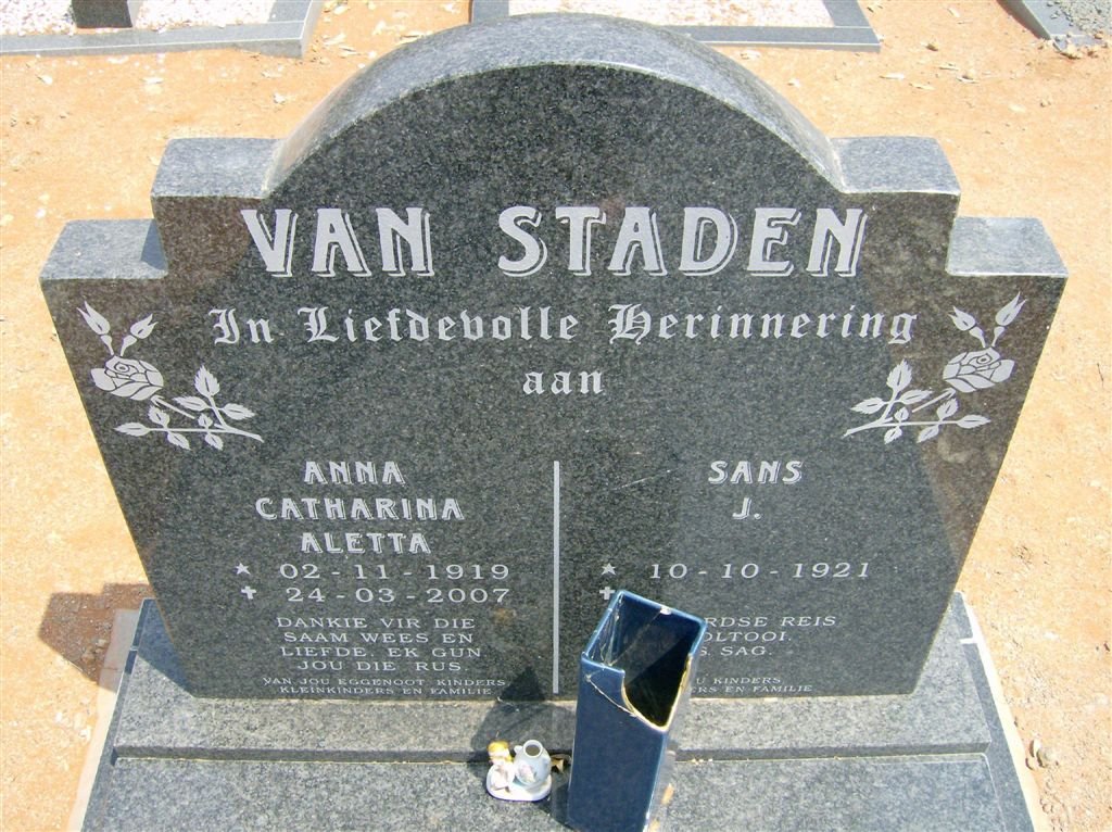STADEN Sans J., van 1921-  &amp; Anna Catharina Aletta 1919-2007
