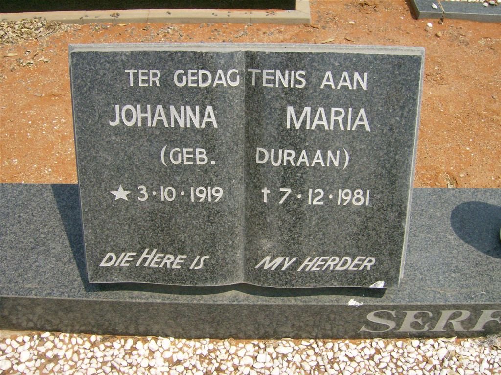 SERFONTEIN Johanna Maria nee DURAAN 1919-1981