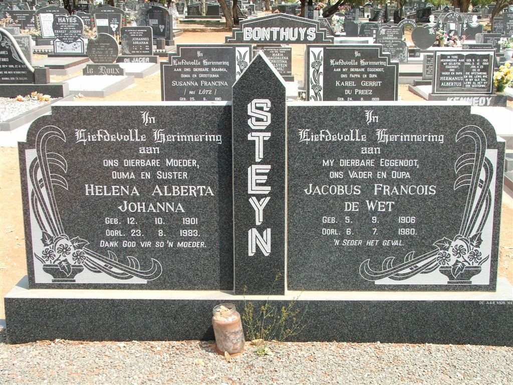 STEYN Jacobus Francois de Wet 1906-1980 &amp; Helena Alberta Johanna 1901-1983