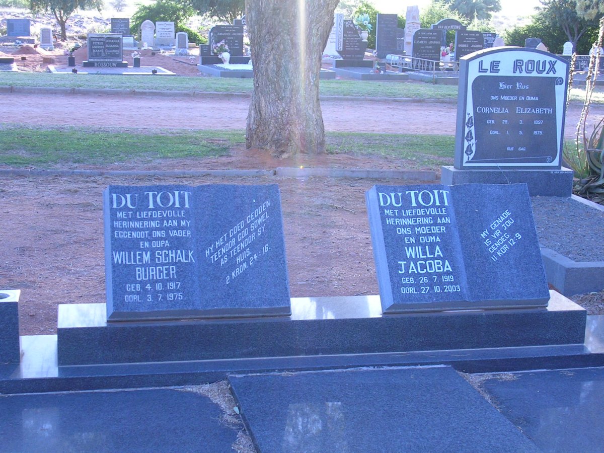 TOIT Willem Schalk Burger, du 1917-1975 &amp; Willa Jacoba 1919-2003
