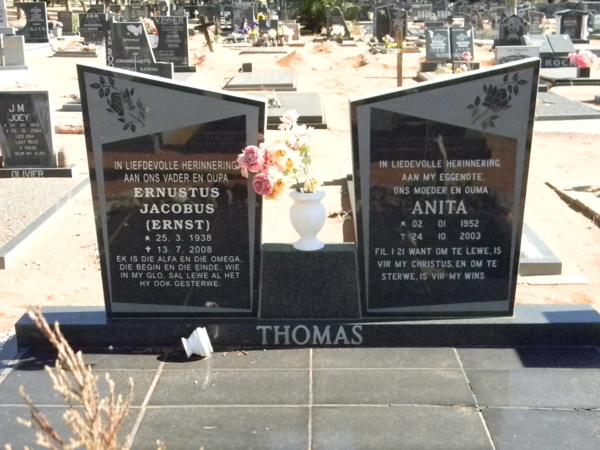 THOMAS Ernustus Jacobus 1938-2008 &amp; Anita 1952-2003
