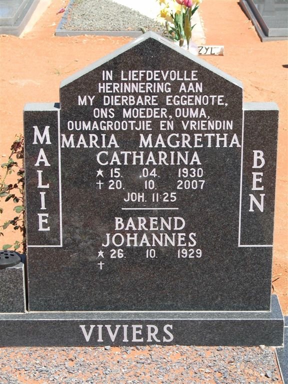 VIVIERS Barend Johannes 1929-  &amp; Maria Magretha Catharina 1930-2007