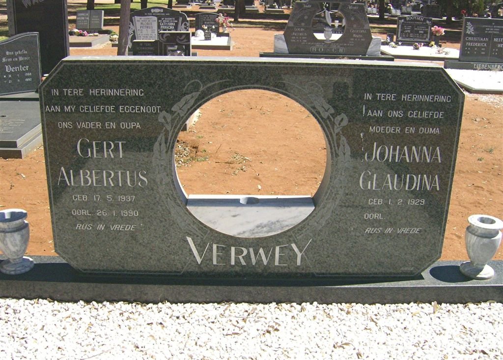 VERWEY Gert Albertus 1937-1990 &amp; Johanna Glaudina 1929-