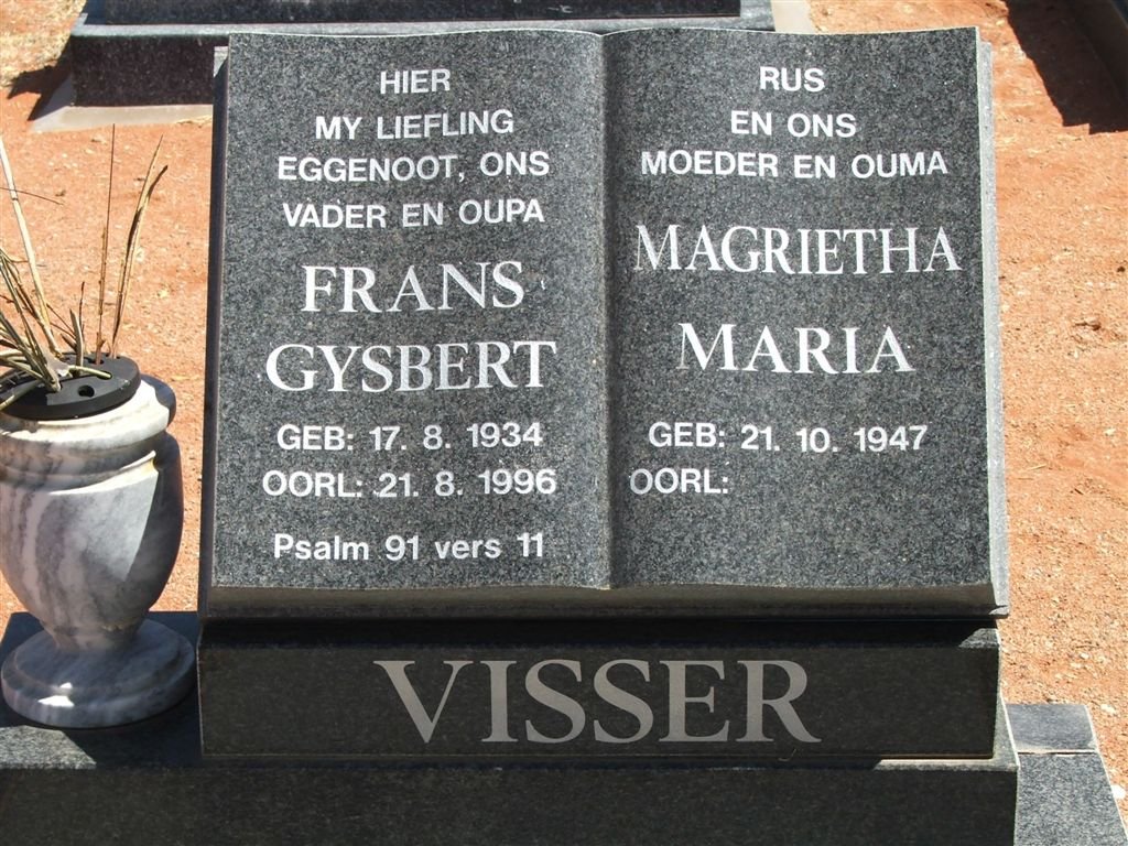 VISSER Frans Gysbert 1934-1996 &amp; Magrietha Maria 1947-