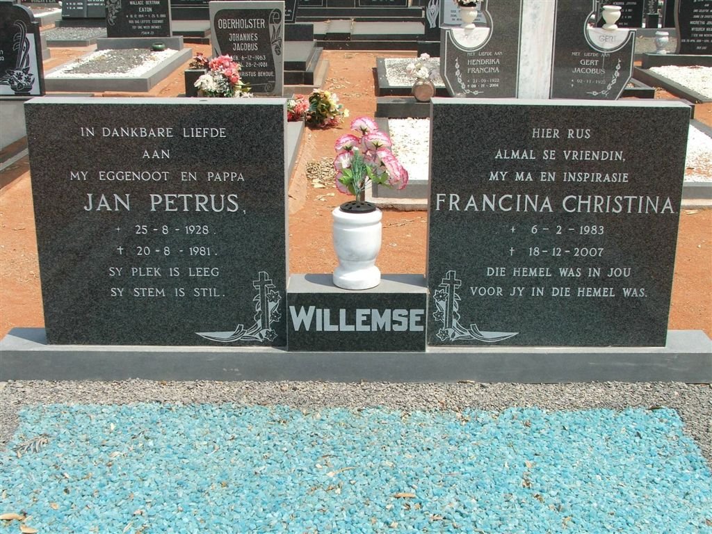 WILLEMSE Jan Petrus 1928-1981 :: WILLEMSE Francina Christina 1983-2007