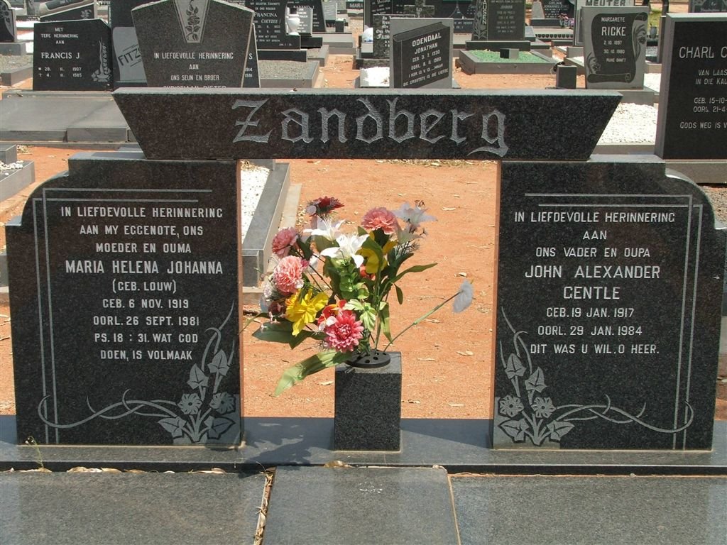 ZANDBERG Johan Alexander Gentle 1917-1984 &amp; Maria Helena Johanna LOUW 1919-1981