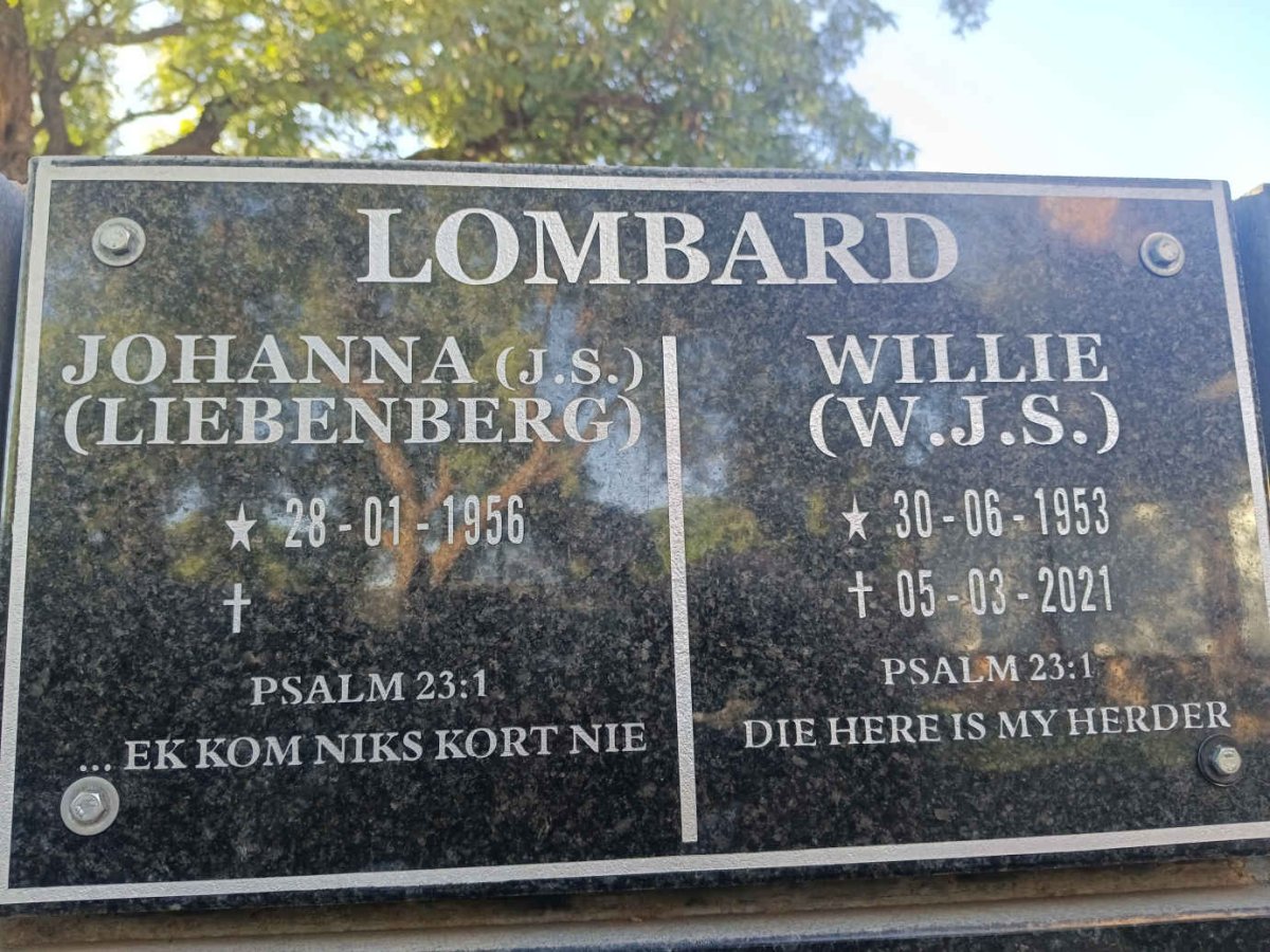 LOMBARD W.J.S. 1953-2021 & J.S. nee LIEBENBERG 1956-