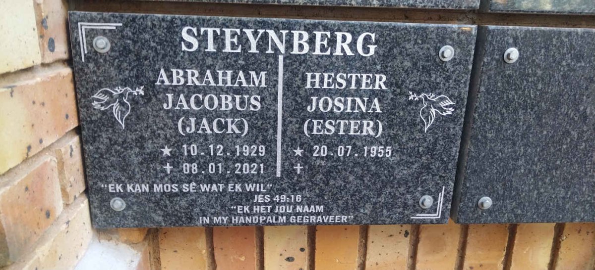 STEYNBERG Abraham Jacobus 1929-2021 & Hester Josina 1955-