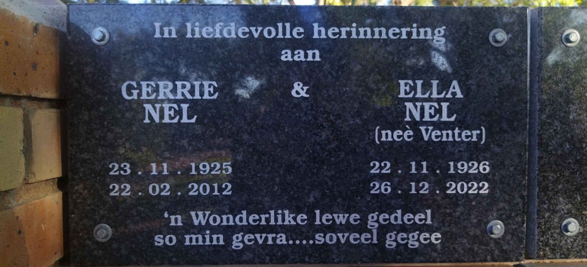 NEL Gerrie 1925-2012 & Ella nee VENTER 1926-2022