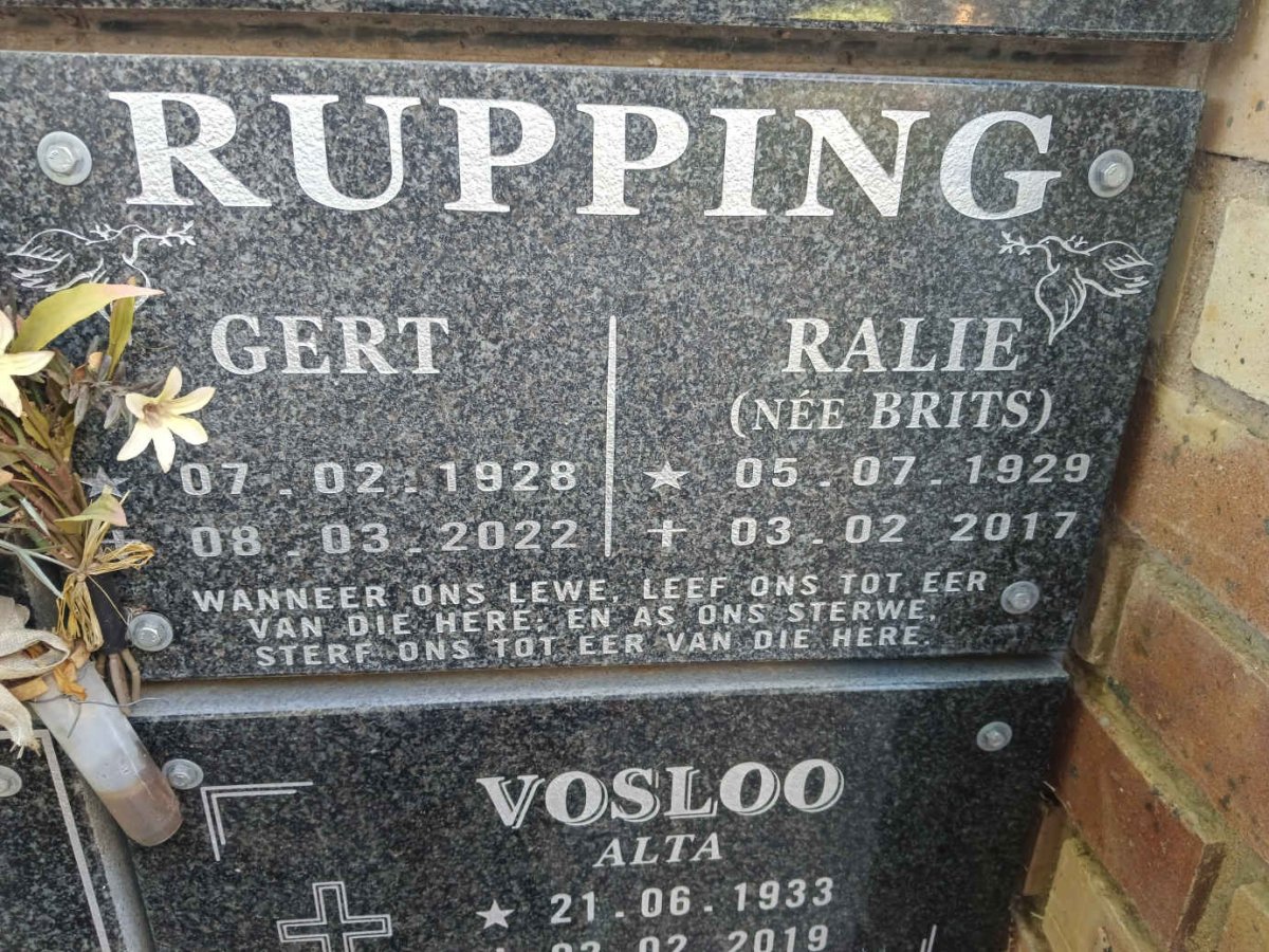 RUPPING Gert 1928-2022 & Ralie nee BRITS 1929-2017