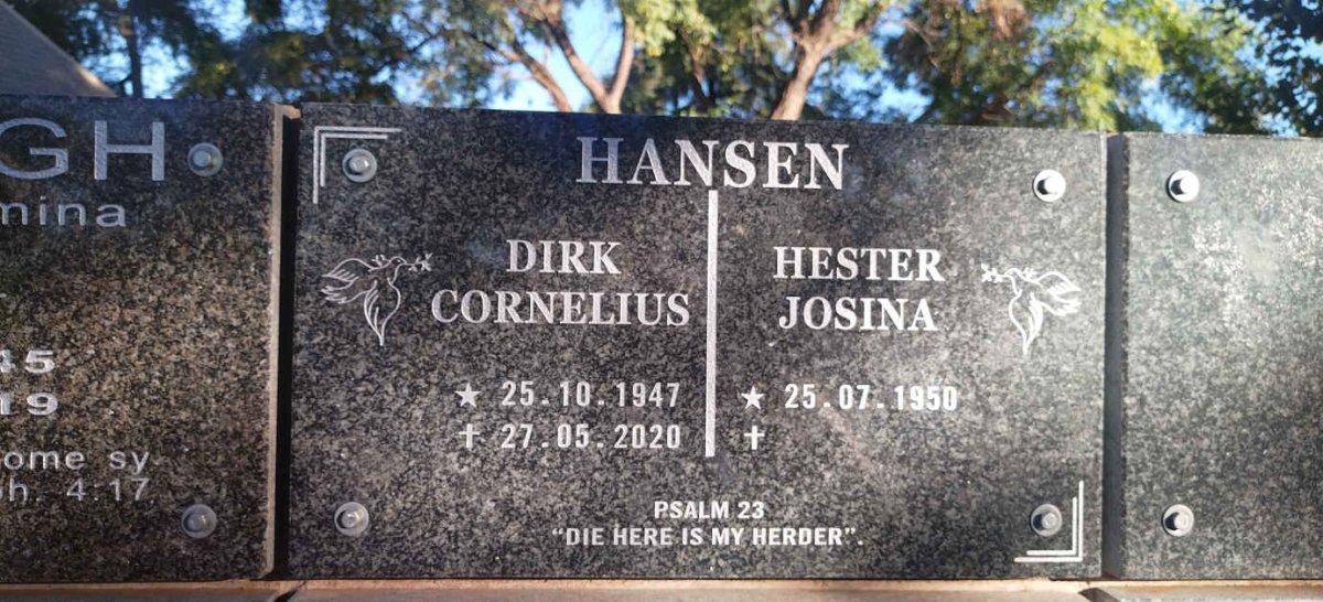 HANSEN Dirk Cornelius 1947-2020 & Hester Josina 1950-